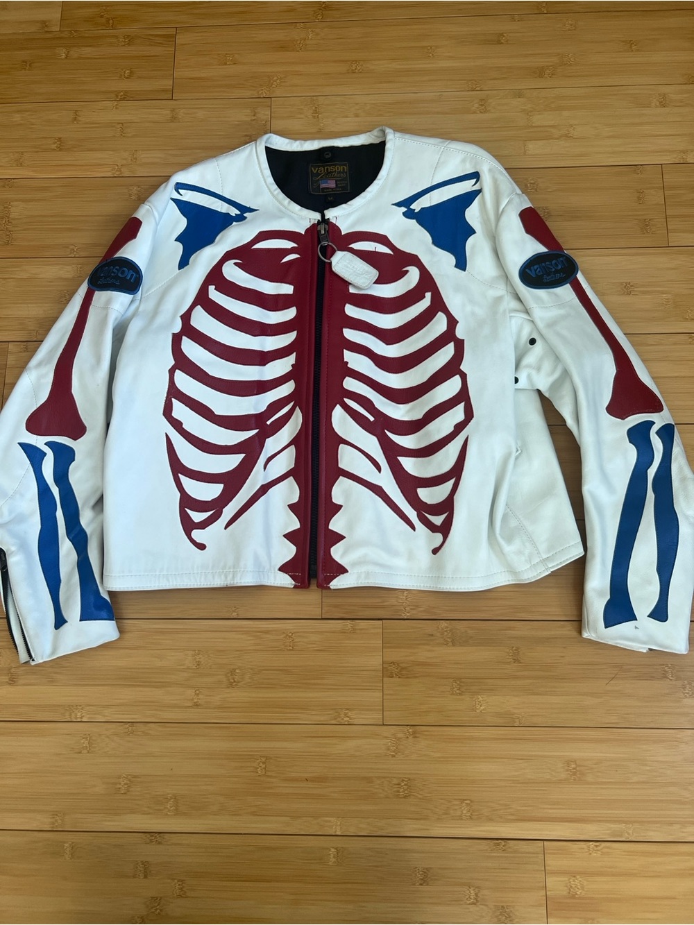Vanson Leathers Bones Skeleton Motorcycle Jacket White Red Blue Size 54 USA Made